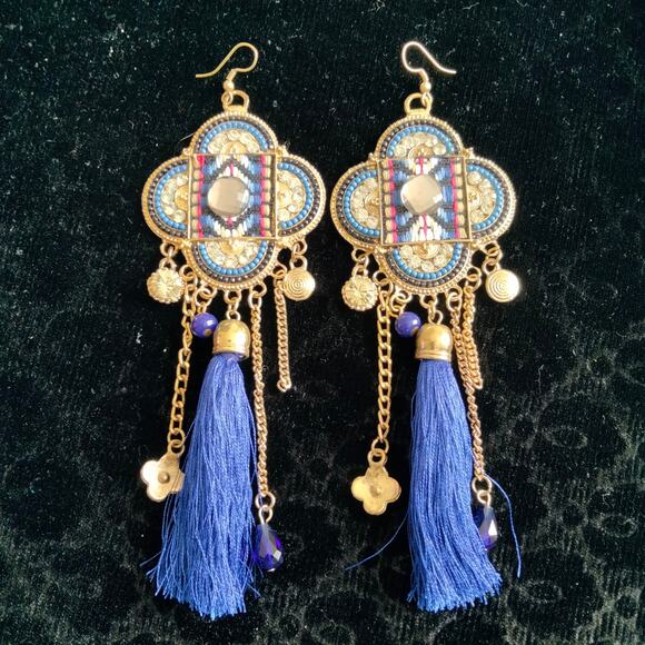 Iris Apfel & Bajalia Blue & Gold Embellished Tasseled HUGE Statement Earrings - Picture 8 of 11